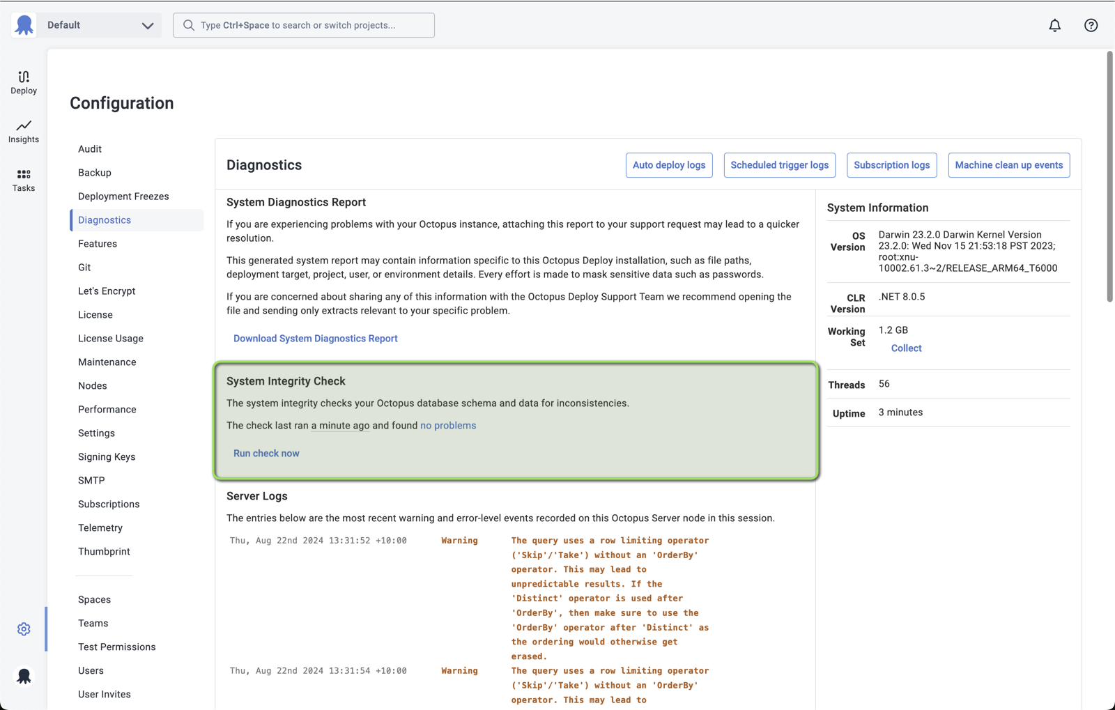 The System Integrity Check under Configuration ➜ Diagnostics
