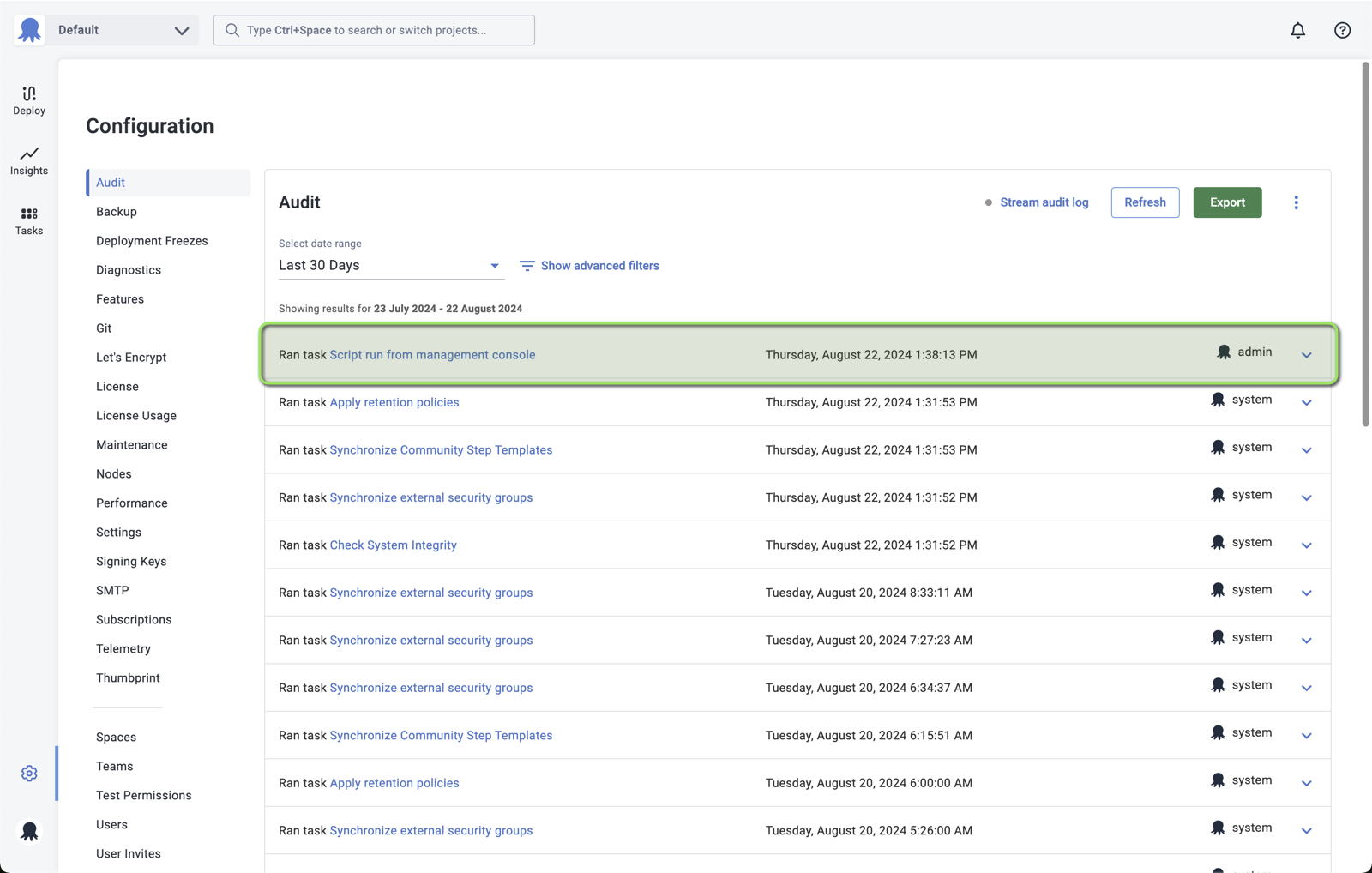 A Script Console run recorded in the audit log