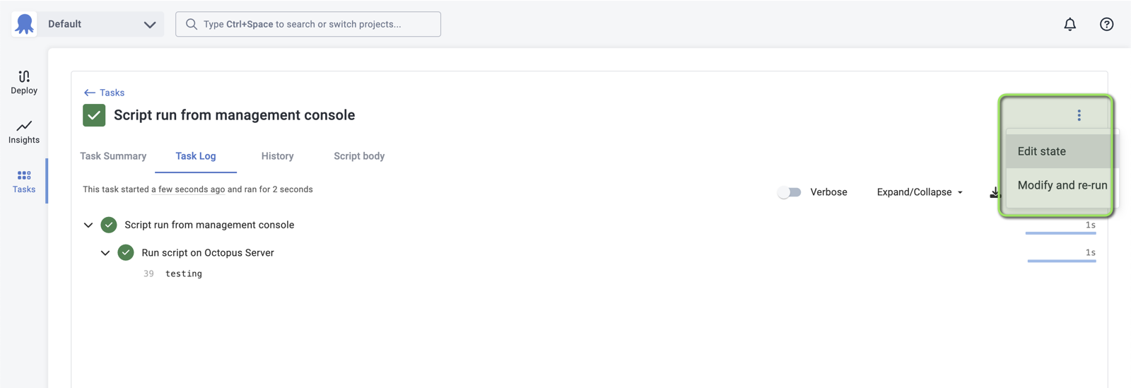 The Modify and re-run button in the overflow menu