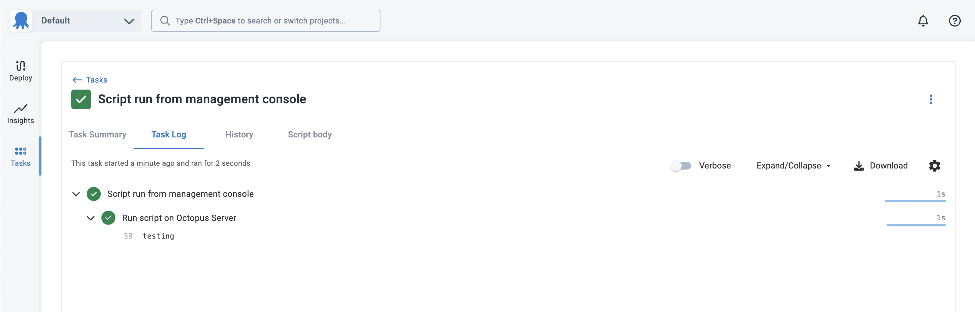 The task output page showing script progress and output