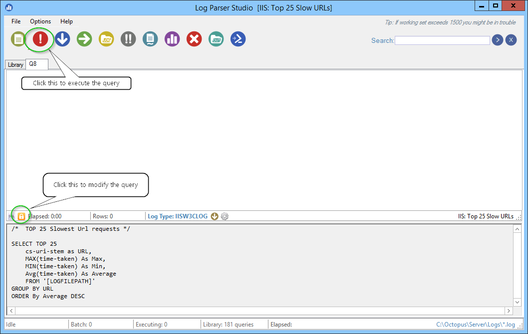 The IIS: Top 25 Slow URLs query open for editing