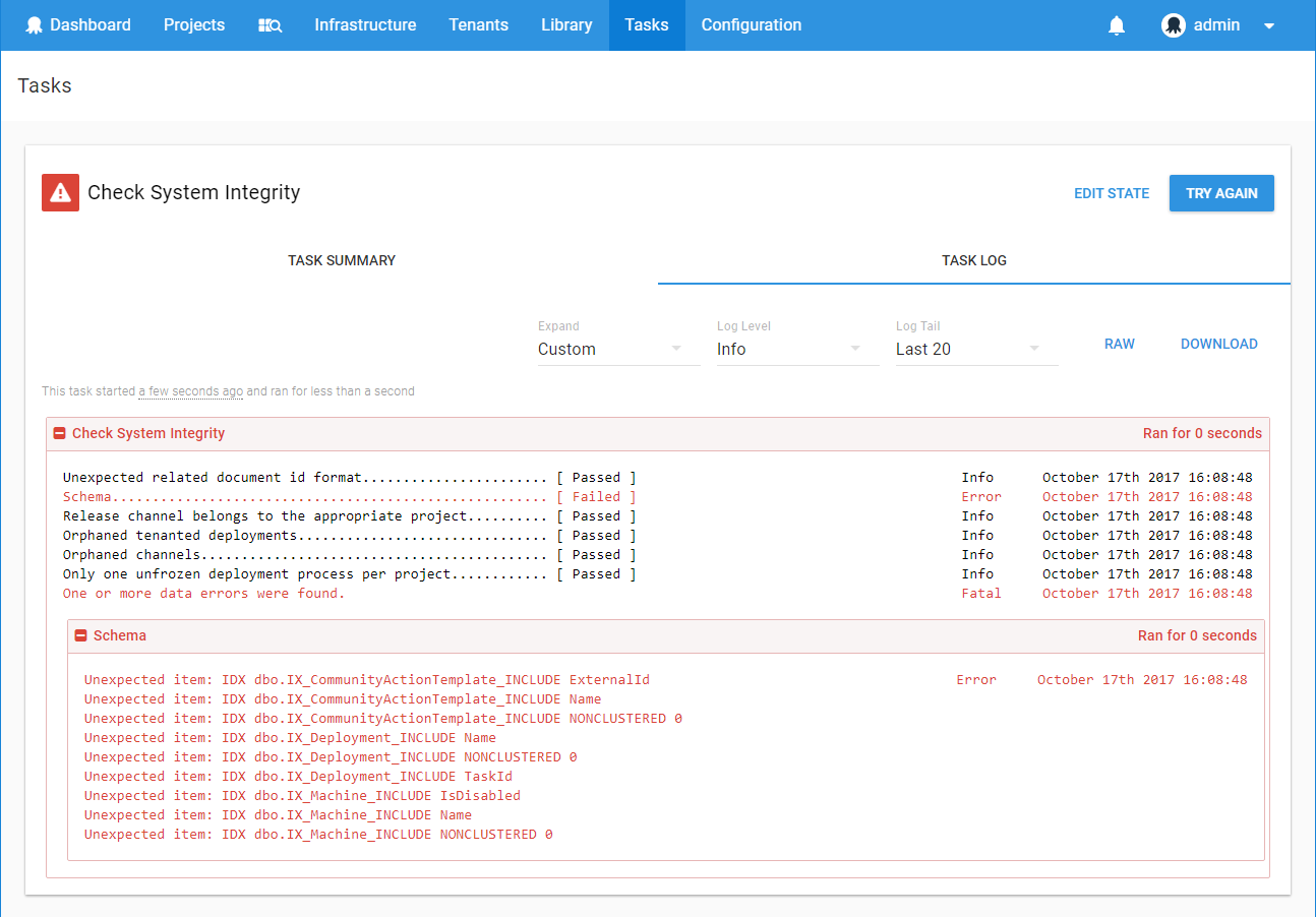 Index differences reported by the System Integrity check