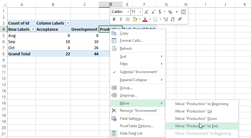 The right-click menu used to reorder environments in a pivot table