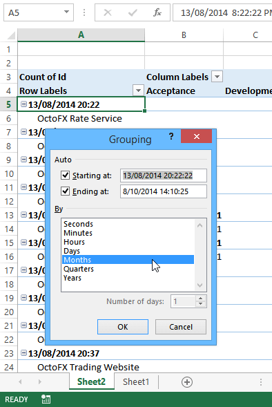 The Grouping dialog with Months selected