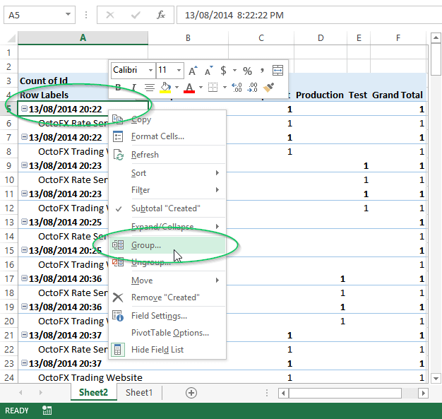 The Group option in the right-click menu for a date value
