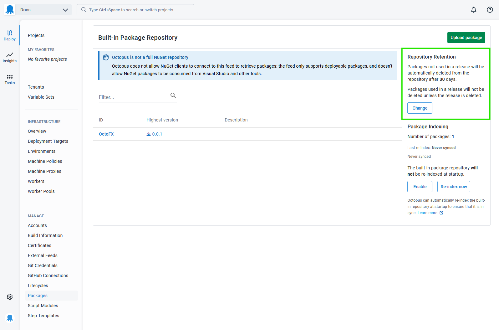The built-in repository retention policy settings