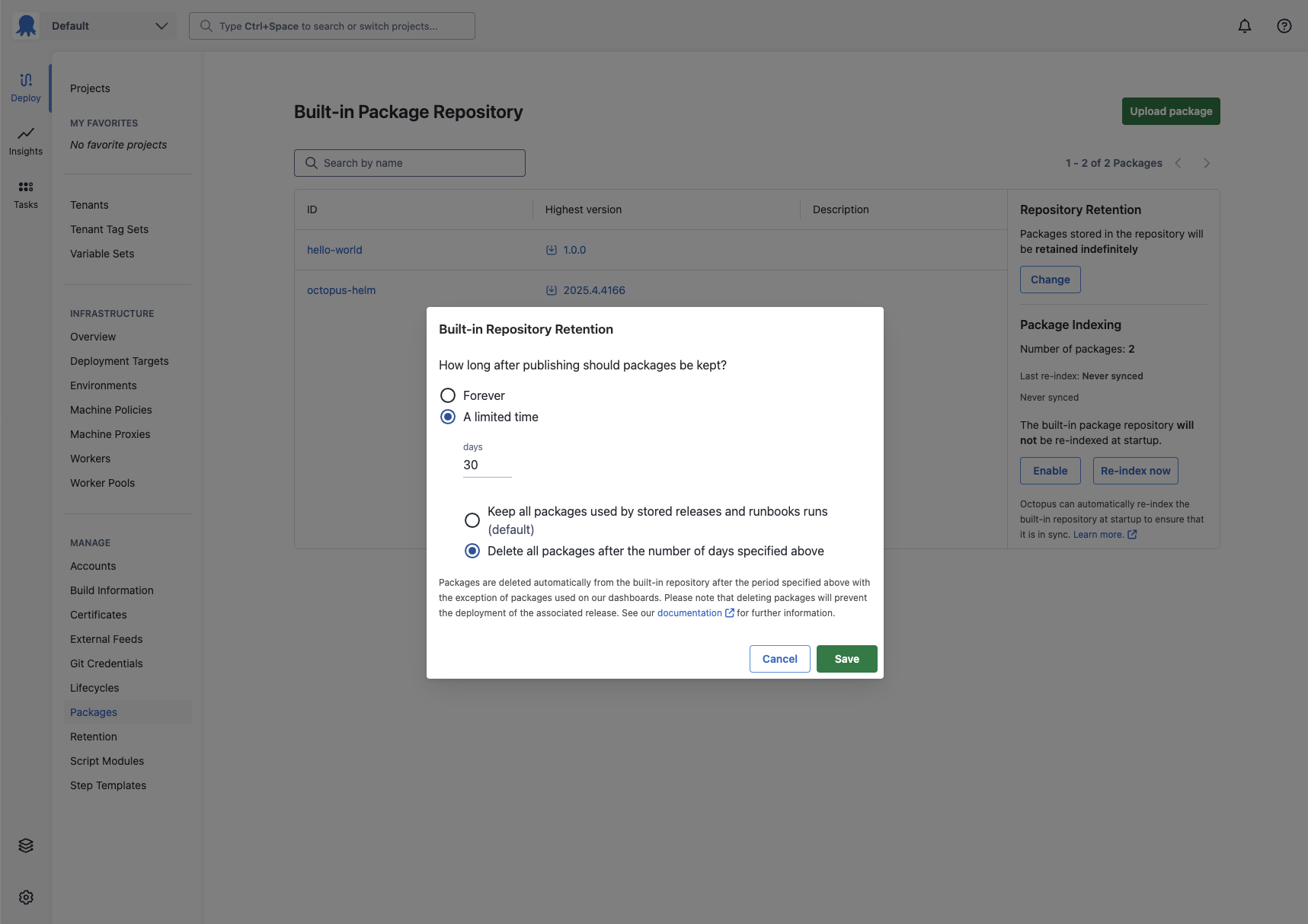 The option to delete packages associated with releases in the built-in repository retention settings