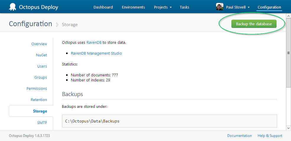 A recent backup shown on the Storage tab of the Configuration area