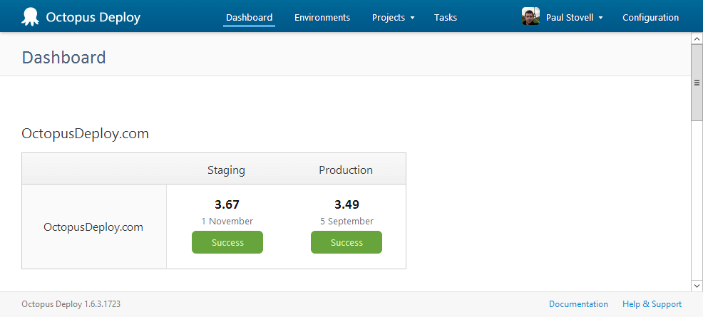 The dashboard of an Octopus 1.6 server