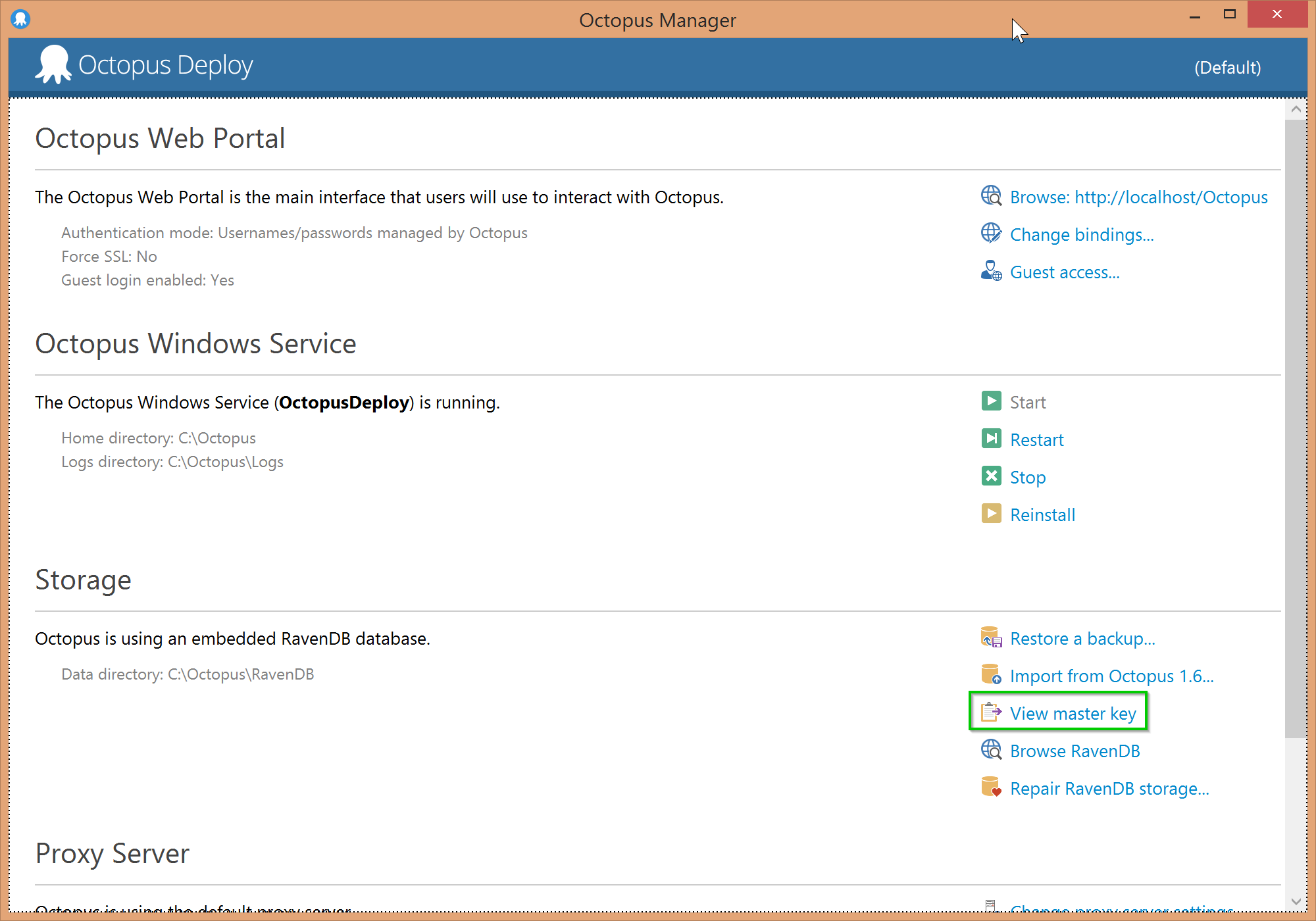 The Copy Master Key to clipboard button in the Octopus Manager