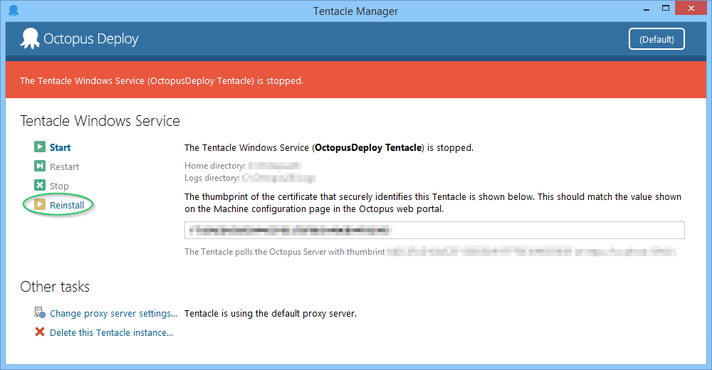 The Reinstall button in the Tentacle Manager