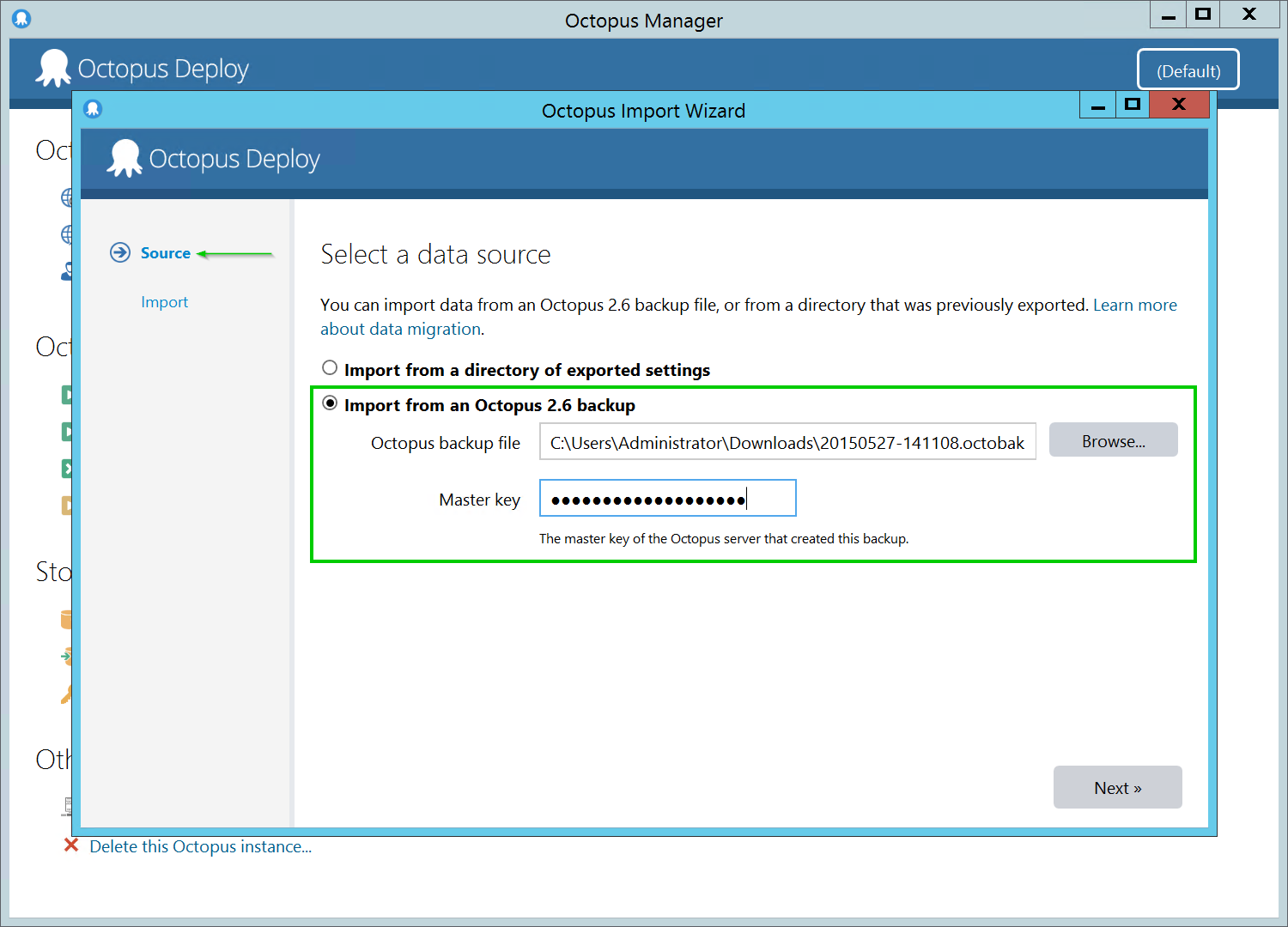 Selecting a 2.6 backup file as the import source