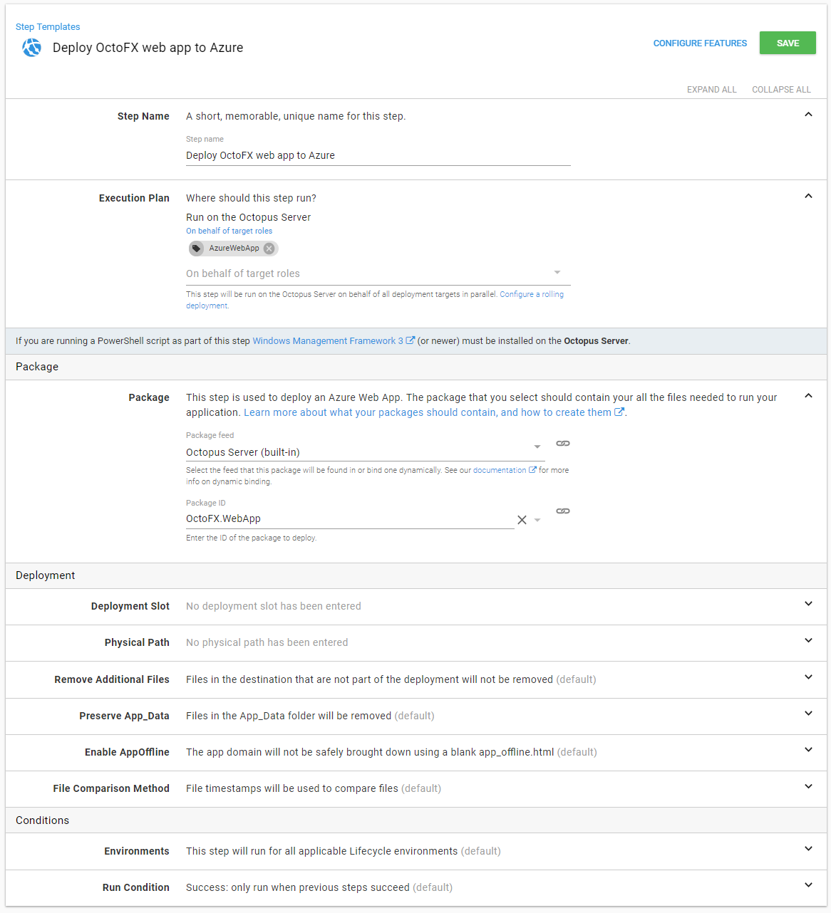 The Package section of the Deploy an Azure Web App step