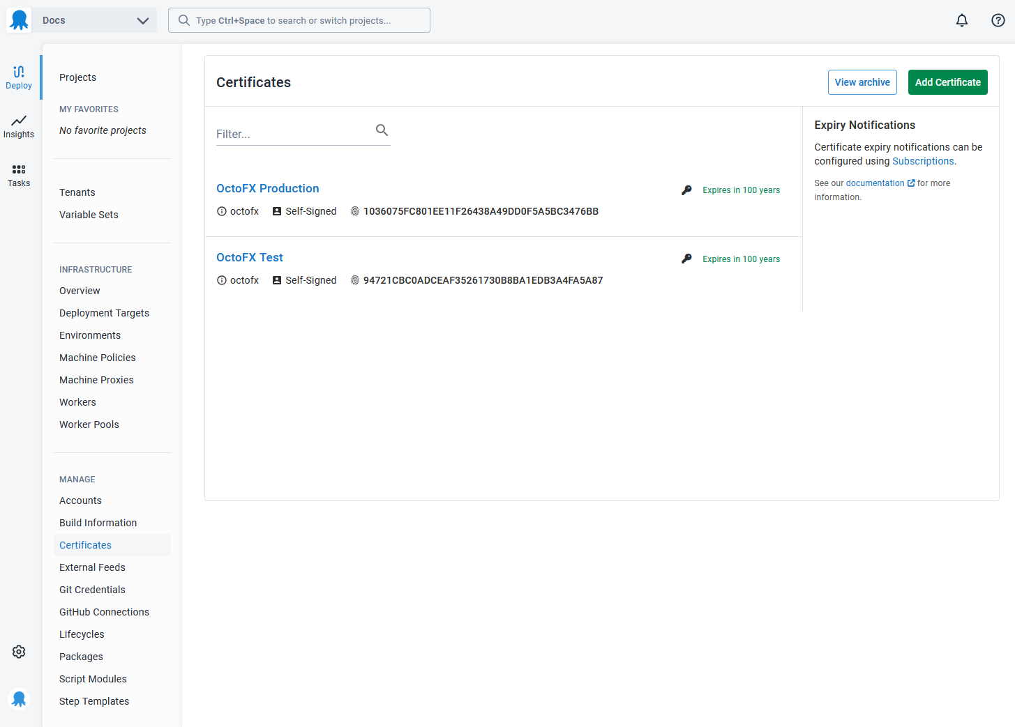 The certificate list in the Octopus certificate library