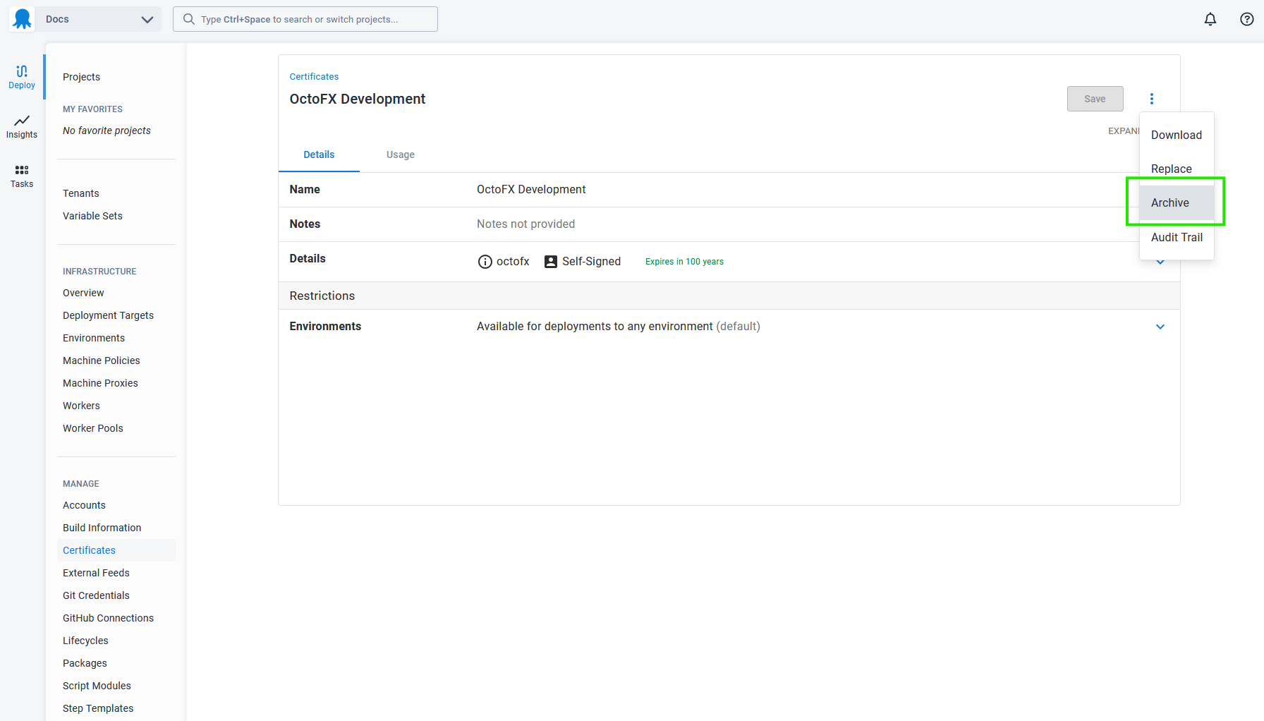 The Archive option on a certificate in Octopus