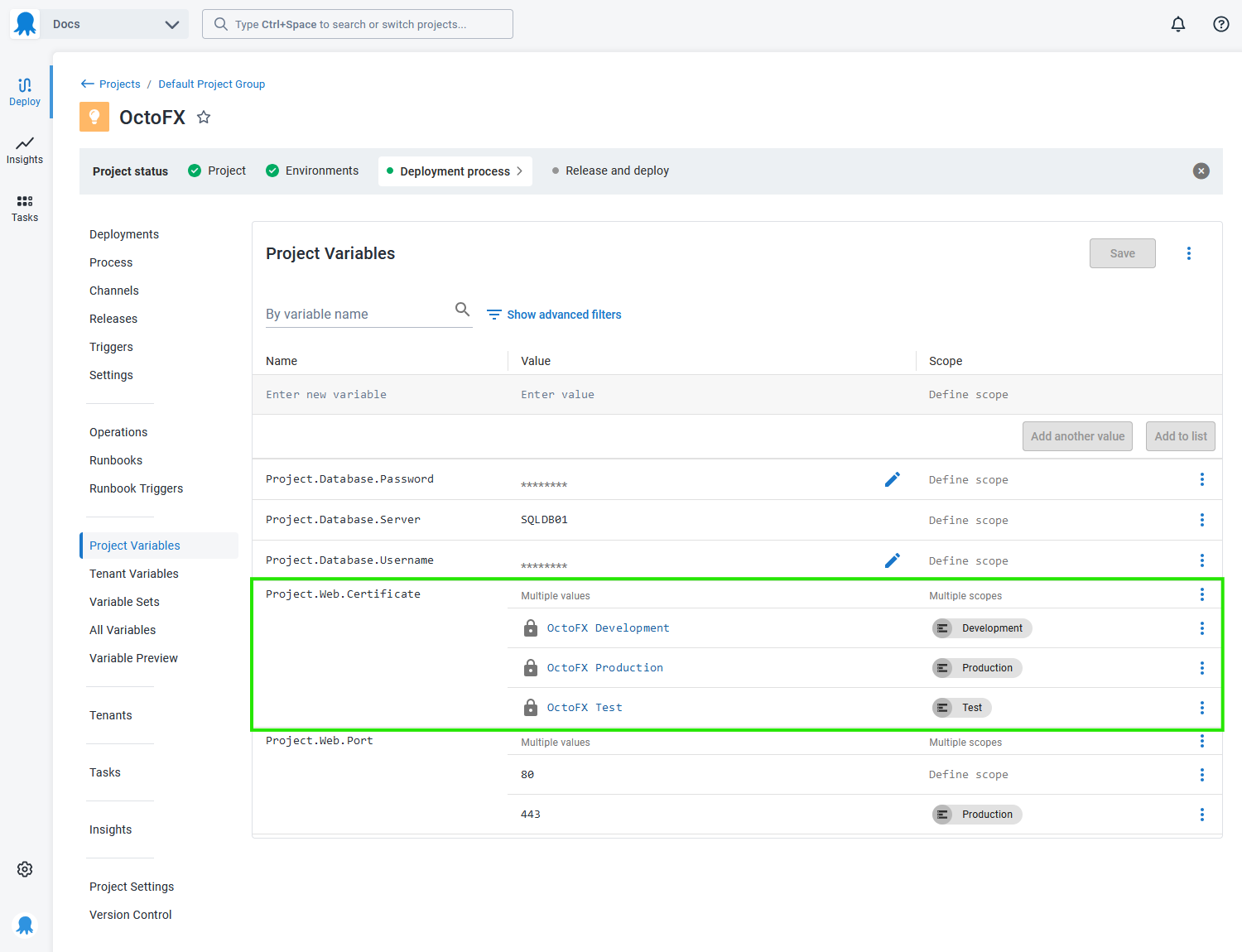 Certificate variables scoped to different environments