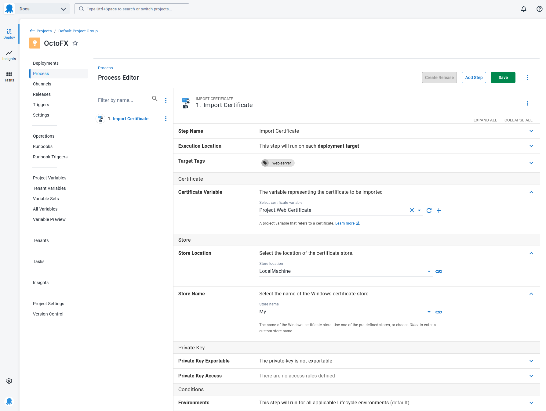 Configuring the Import Certificate step