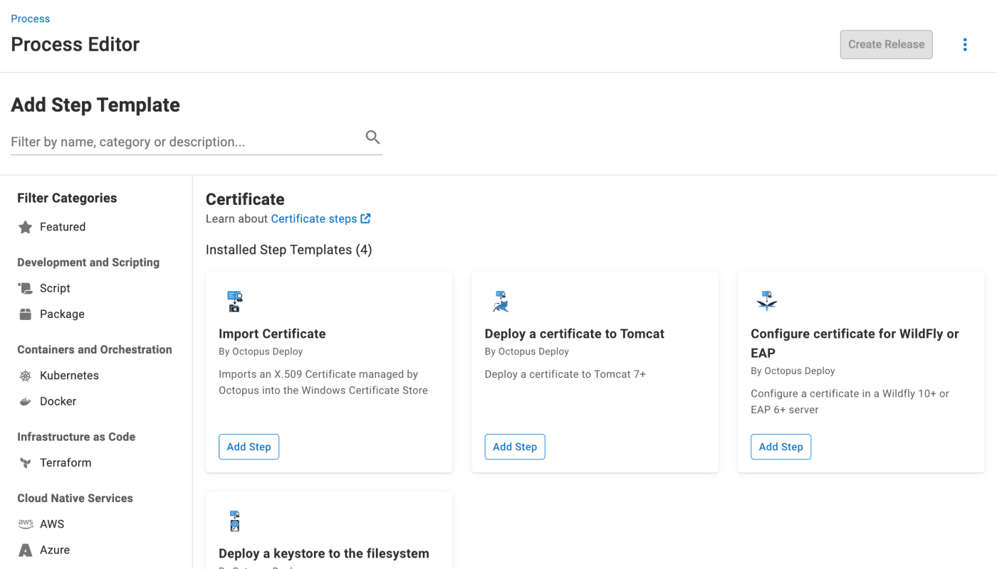 Selecting the Import Certificate step when adding a deployment step