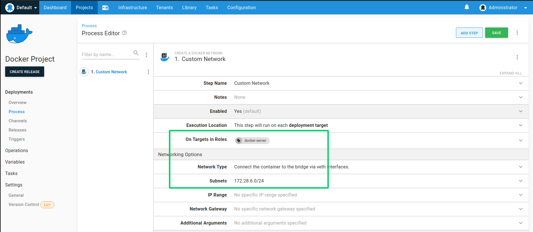 The Create a Docker network step with the subnet configured