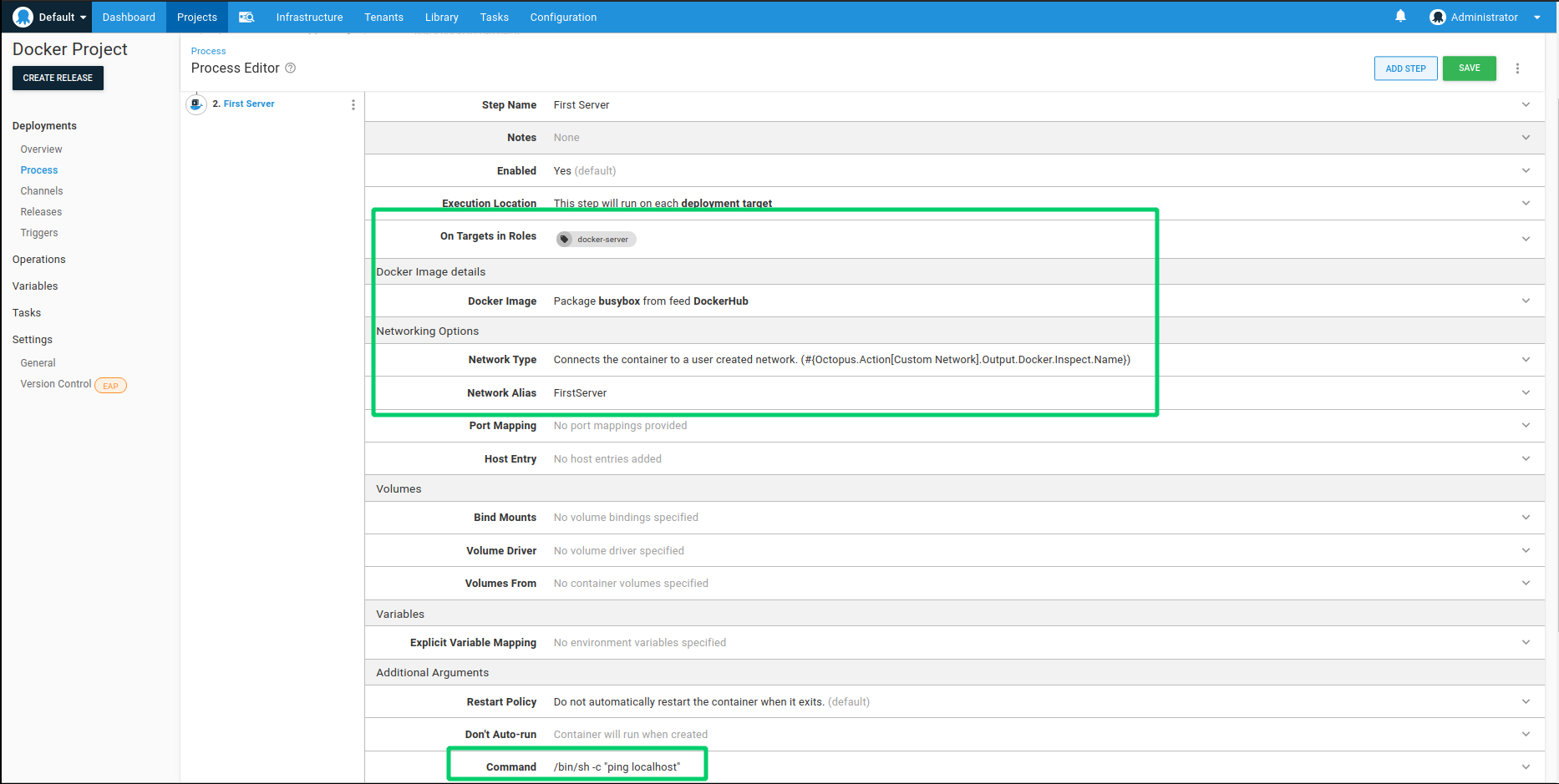 The first container step configured