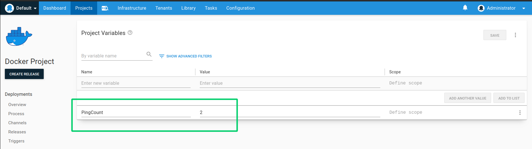 The PingCount project variable