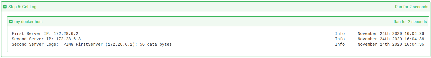 Task output showing container IP addresses and ping results