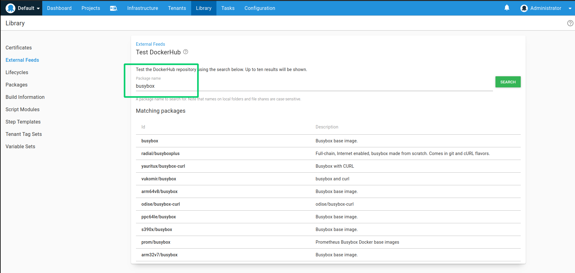 A successful Docker Hub feed connection test