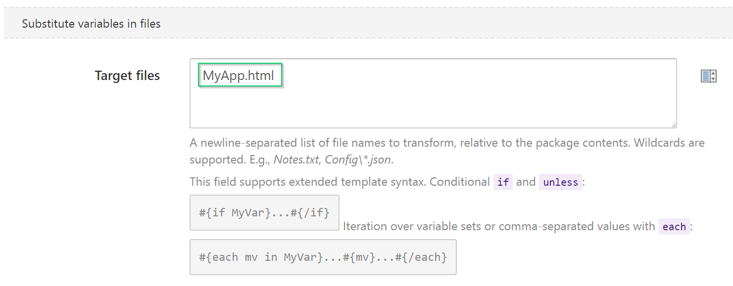 The Substitute Variables in Templates feature configured for MyApp.html