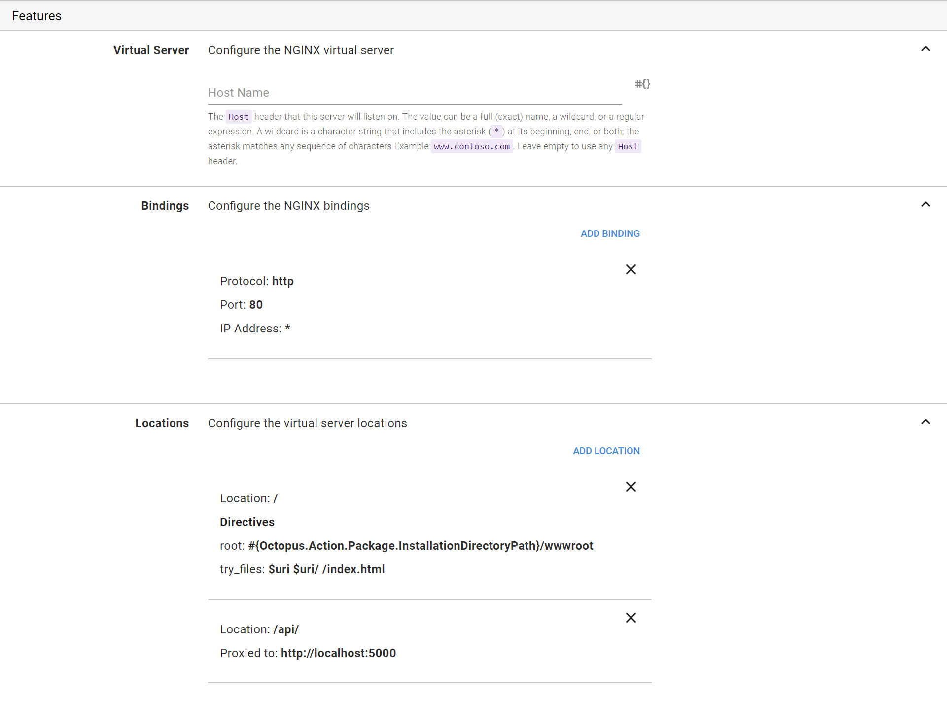 The NGINX feature configured with locations for the sample application
