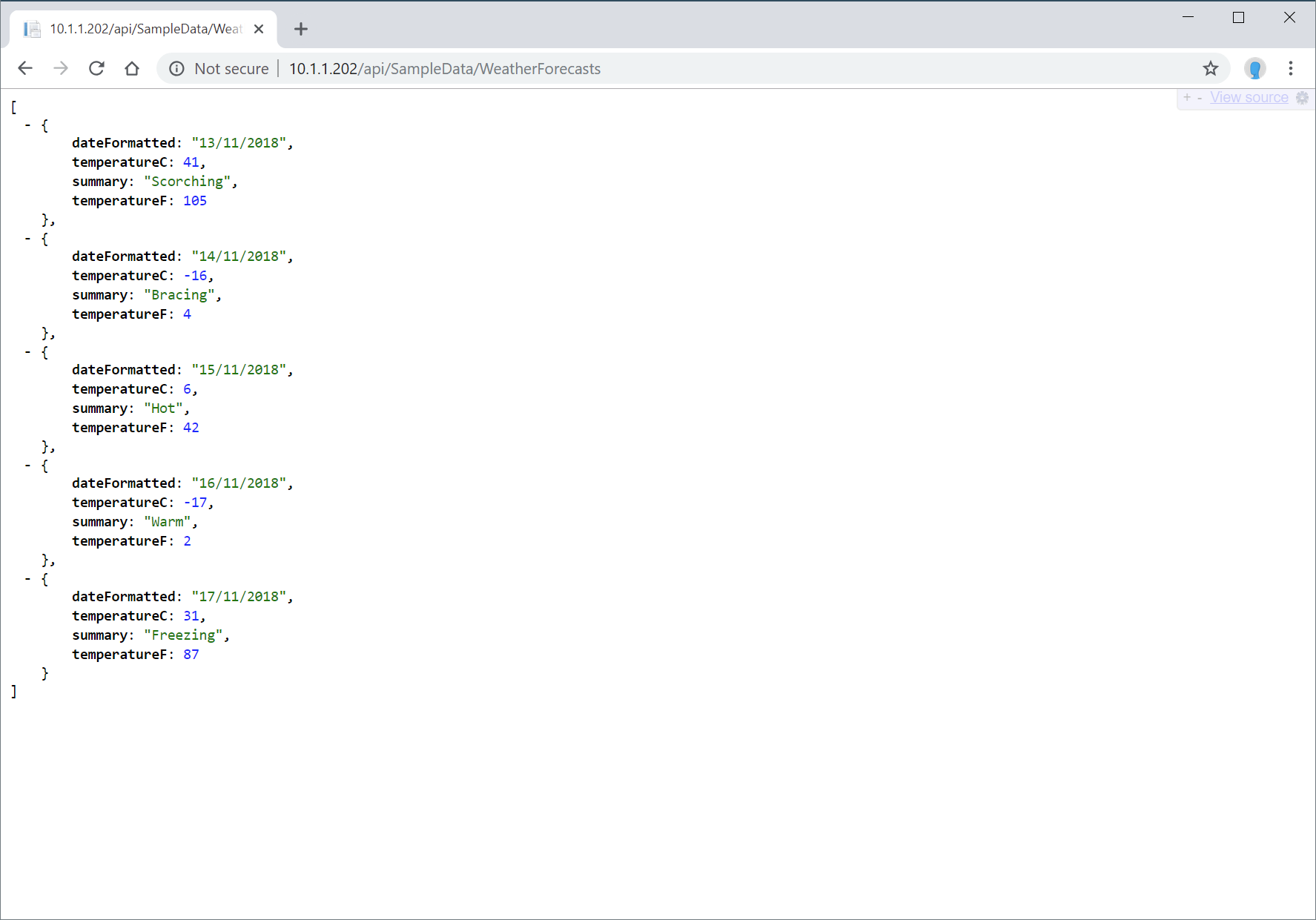The JSON returned by the backend weather forecast API
