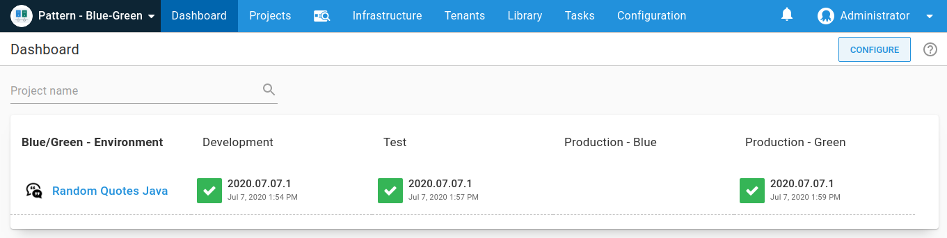 The dashboard showing which release is in the blue and green environments