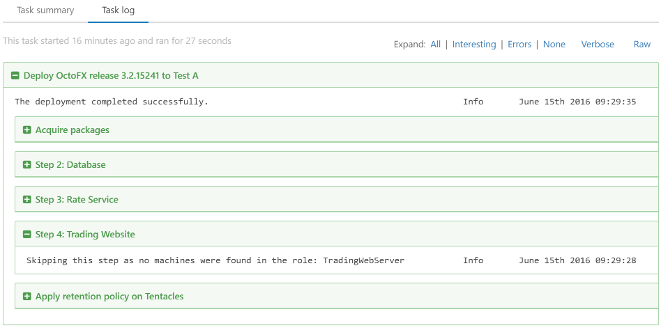 A deployment skipping steps scoped to the TradingWebServer tag