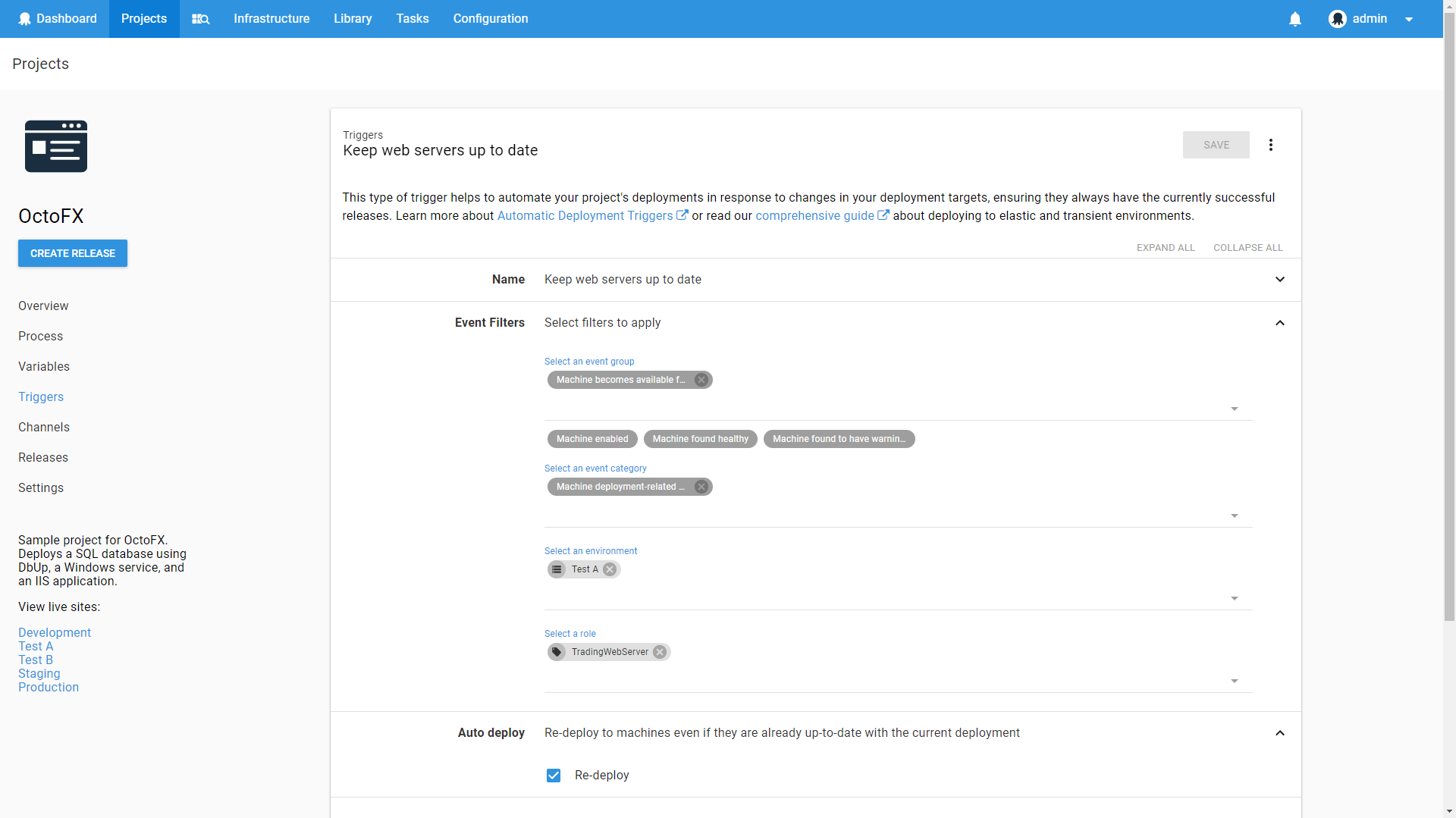 The TradingWebServer target tag selected on the trigger