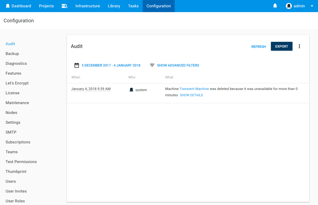 Audit events recording an automatic machine deletion