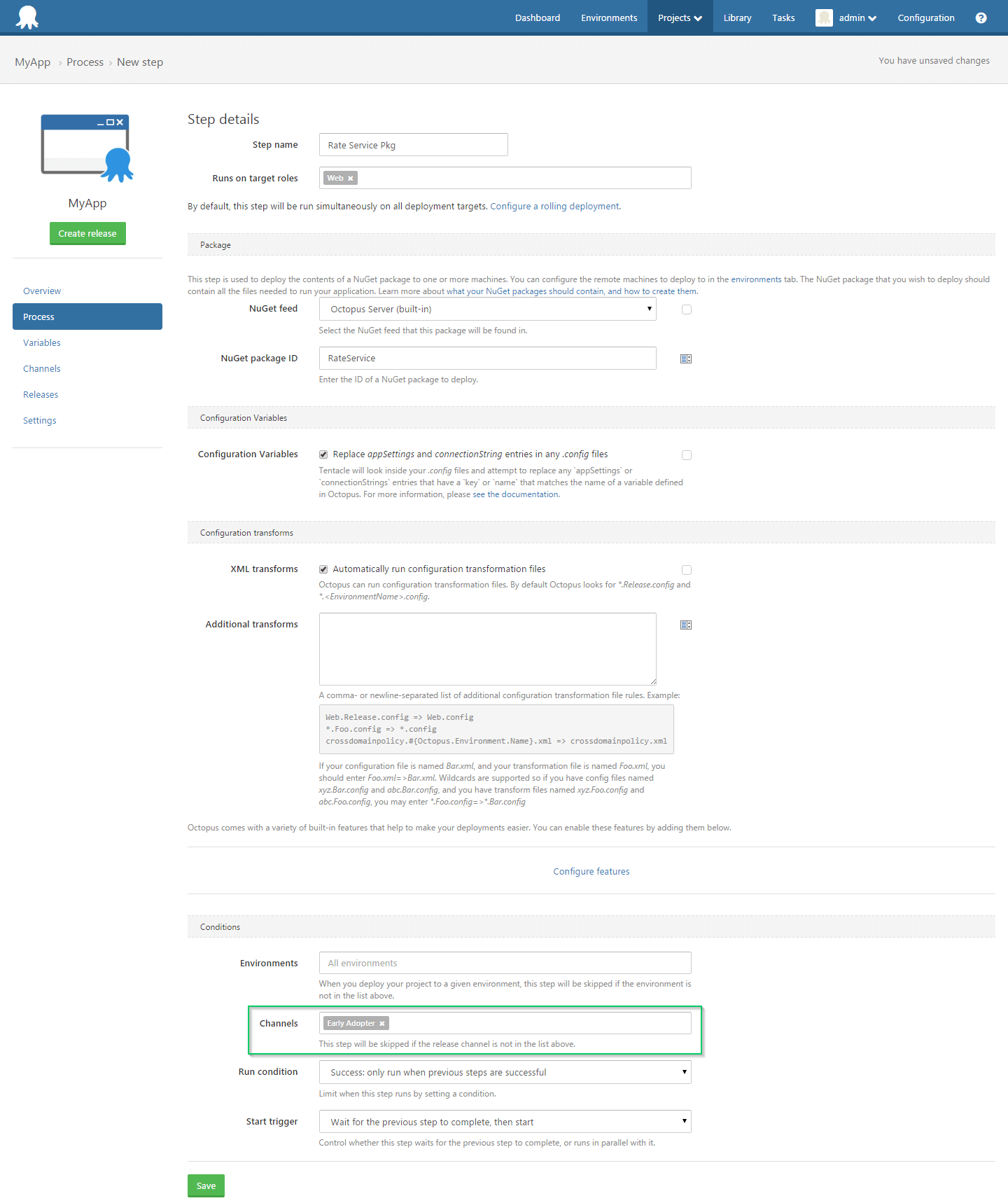 The Rate Service package scoped to the Early Adopter channel