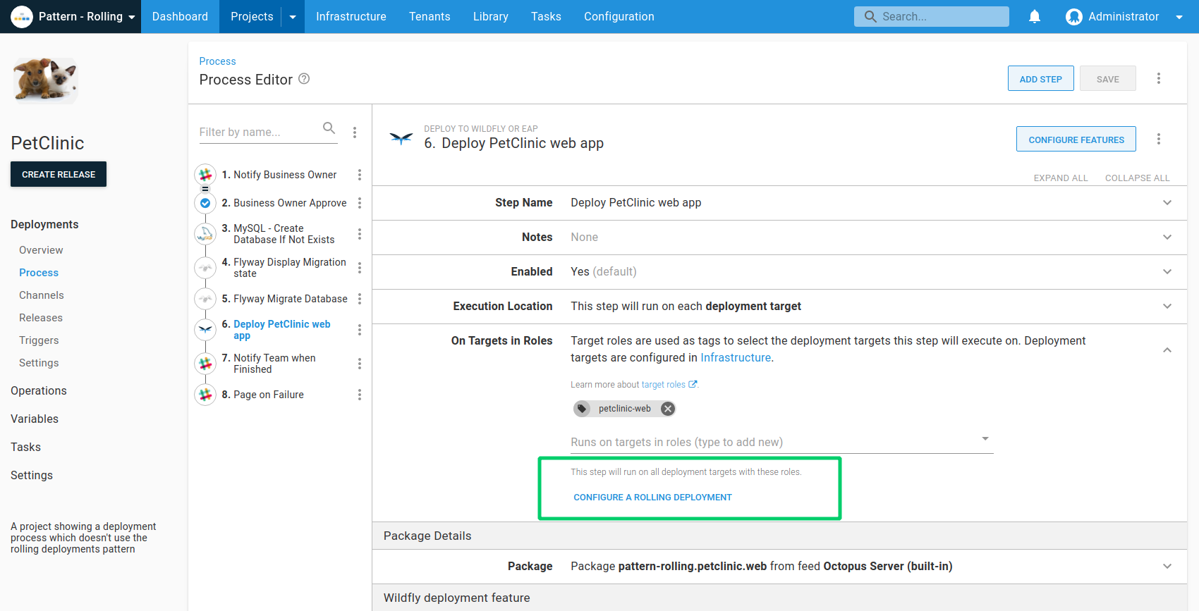 The Configure a rolling deployment option on a step