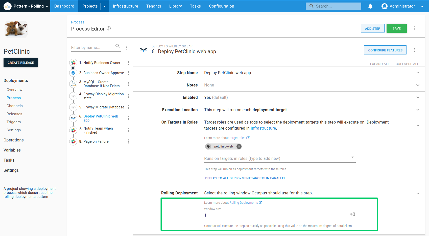 The window size setting for a rolling deployment