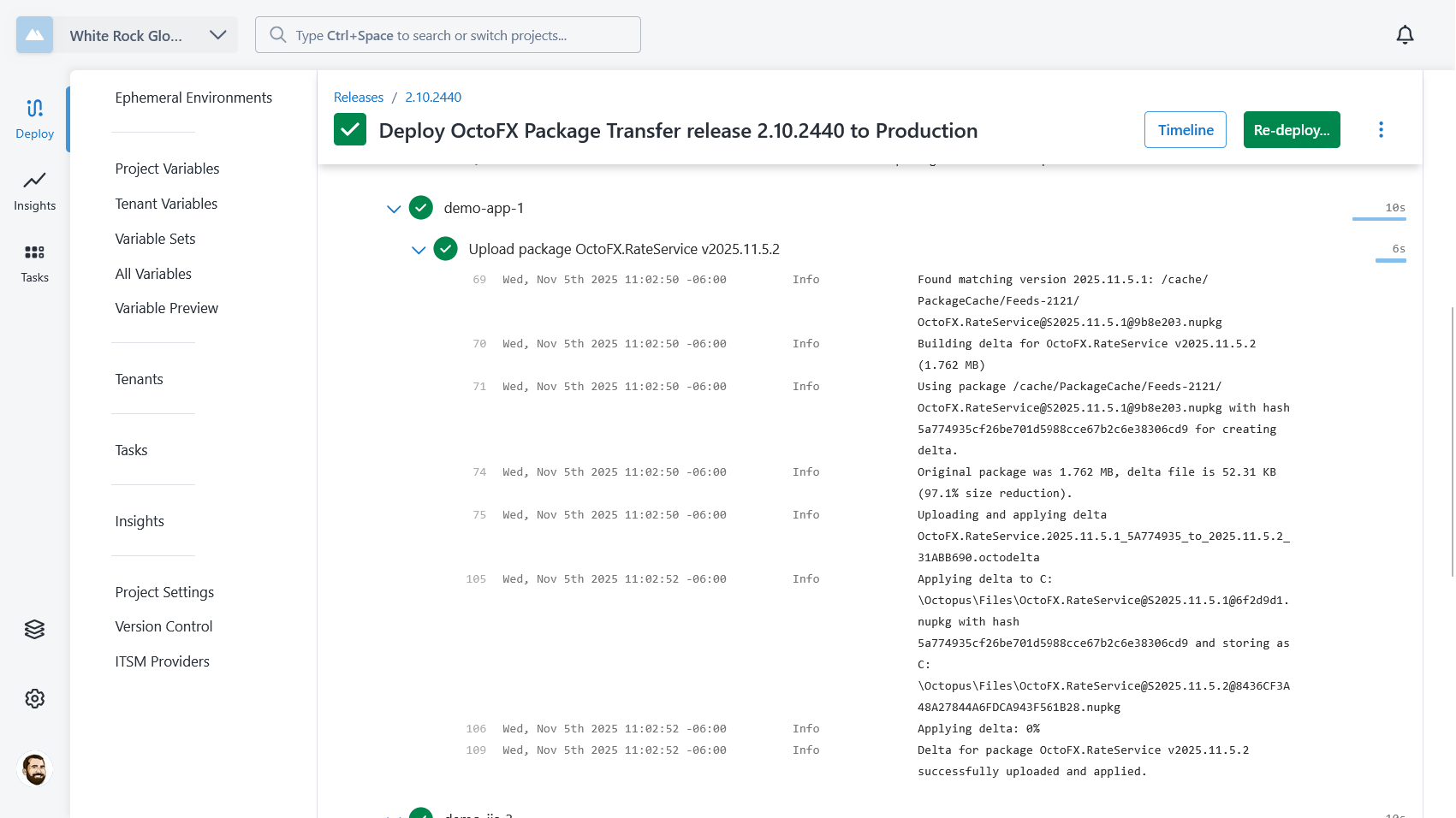 Acquisition logs showing packages uploaded by the transfer project