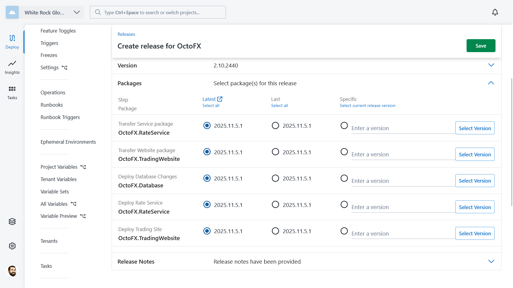 Choosing package versions for the transfer steps when creating the release