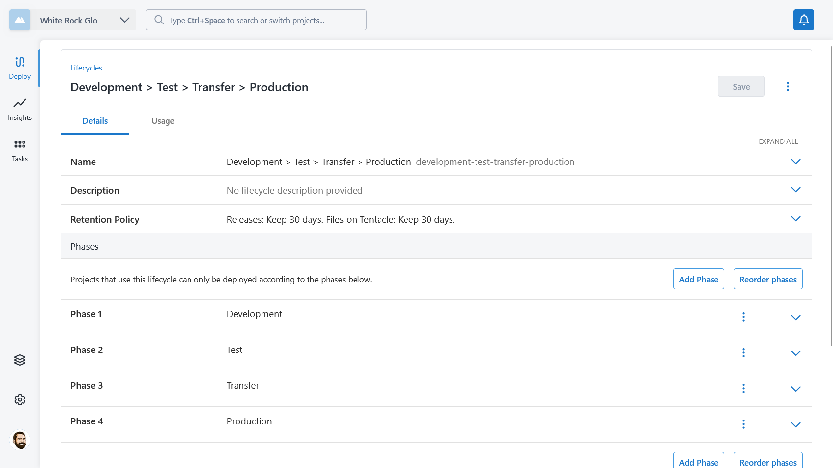A lifecycle with a Transfer environment before Production