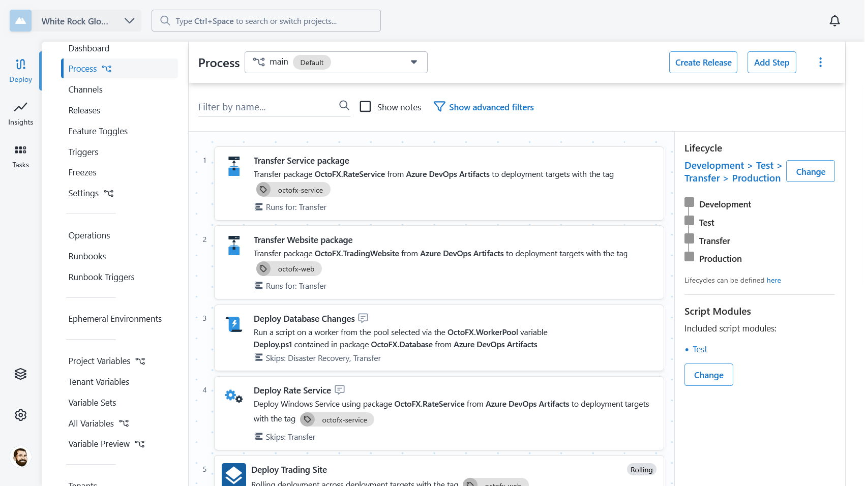 A deployment process with transfer steps scoped to the Transfer environment