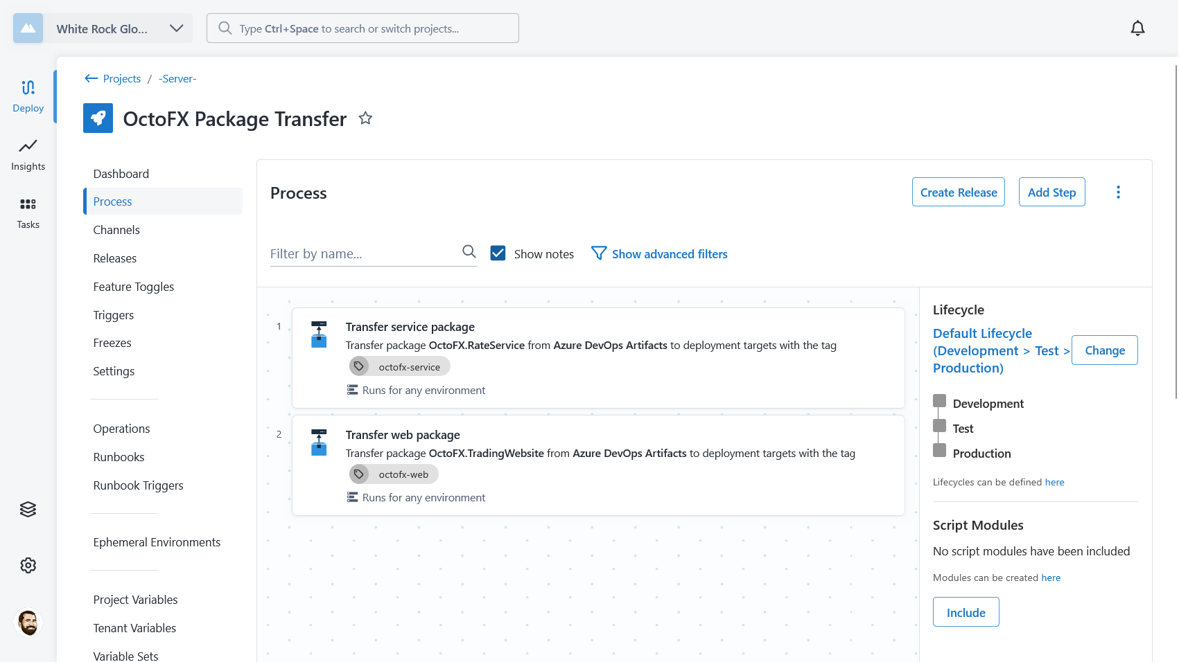 The deployment process for the package transfer project