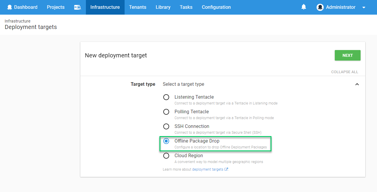 Offline package drop in the list of deployment target types