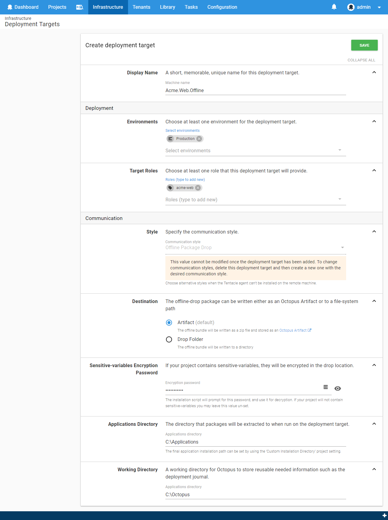 The settings for a new offline package drop target