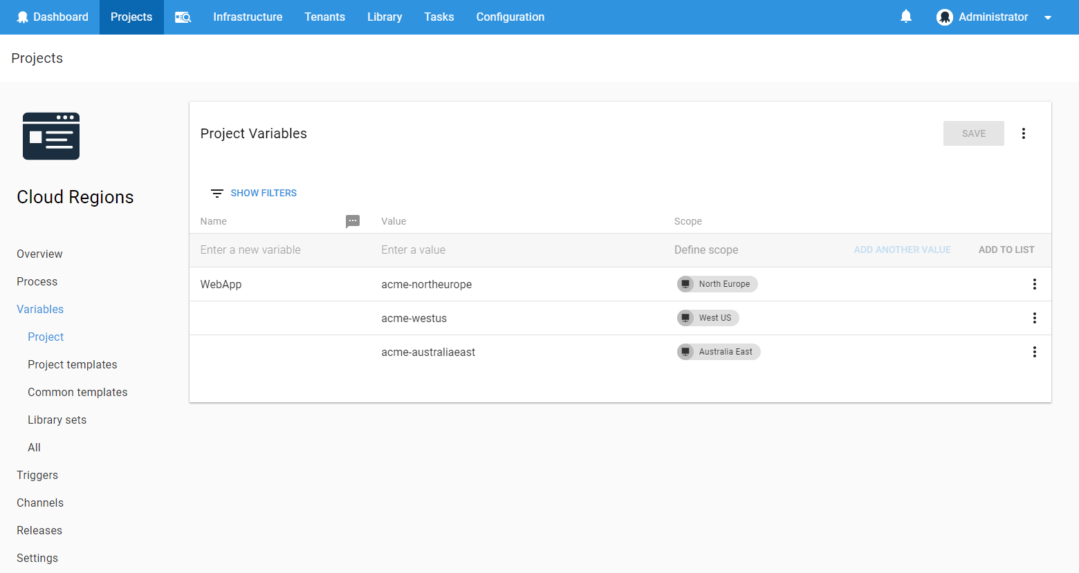 Project variables scoped to individual cloud regions