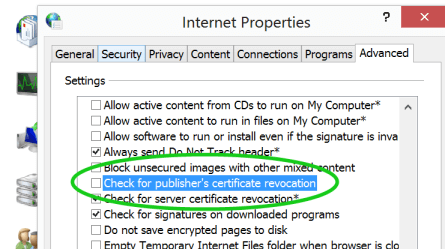 The Check for publisher's certificate revocation option in Internet Options