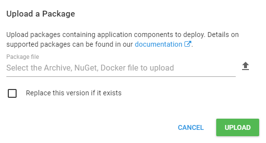The replace existing package check-box on the package upload pane