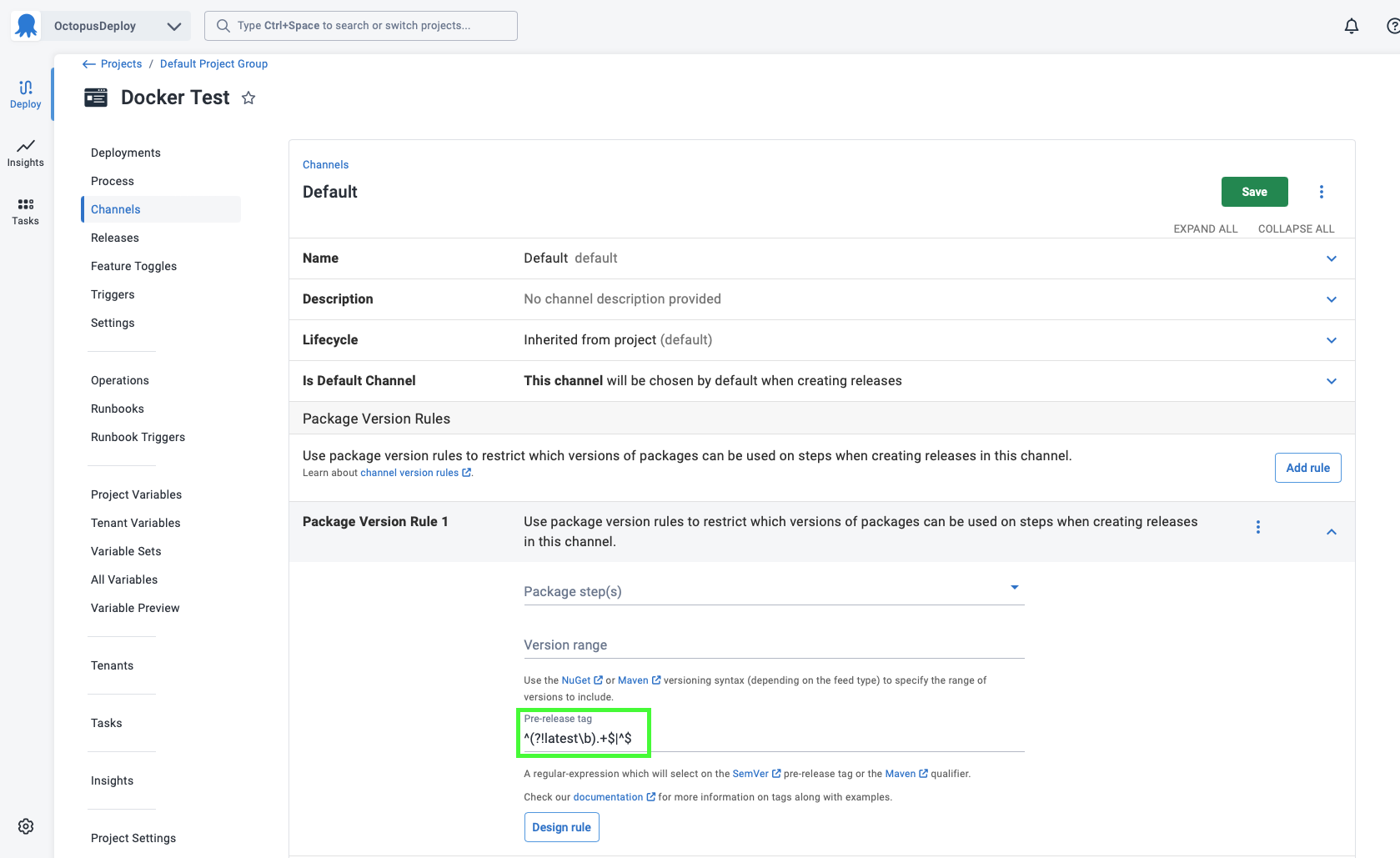 A channel rule with a pre-release tag regular expression