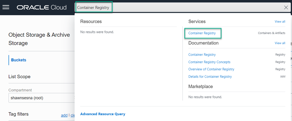 The Container Registry link under Services in the OCI console