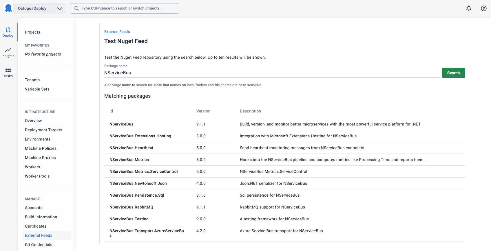 Searching for packages on the feed test page